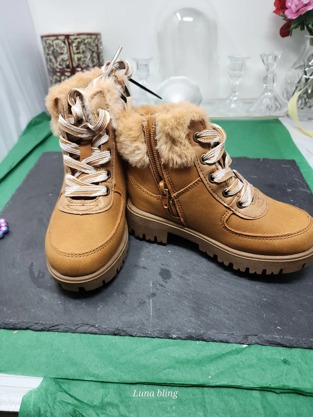 Childs Tan Fur-Trim Hiking Boots